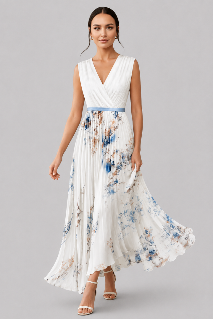 Chic ladies' V-neck pleated long dress with a flattering waist tie, ideal for occasion wear.