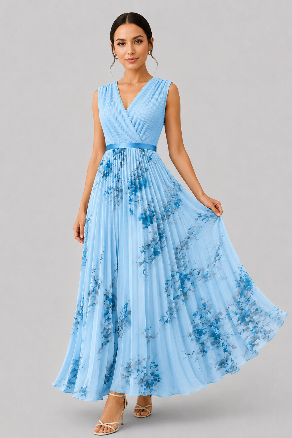 Versatile pleated maxi dress for women, features a V-neck, tie-waist, and comfortable flowy fabric.