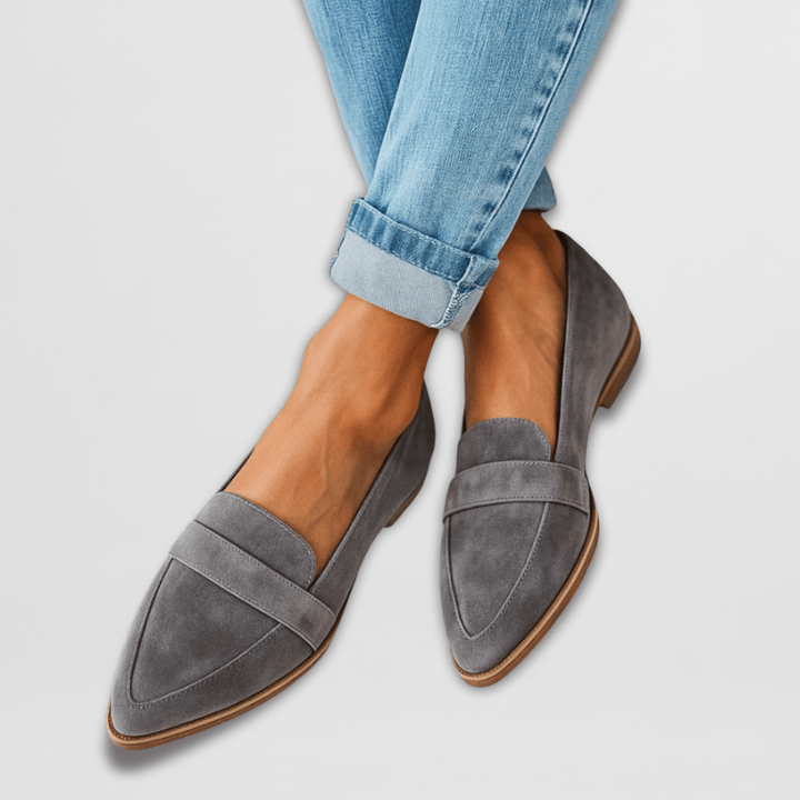 Khaki pointed-toe flat loafers for women, comfortable slip-on shoes for versatile everyday wear and elegant style.
