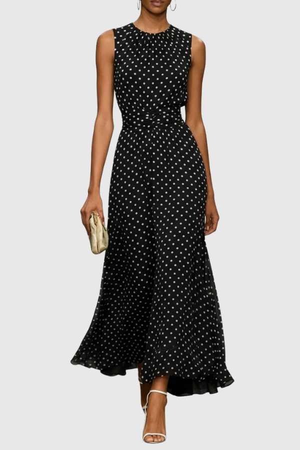 Stylish women's sleeveless polka dot halter neck A-line maxi dress with an elegant keyhole design.