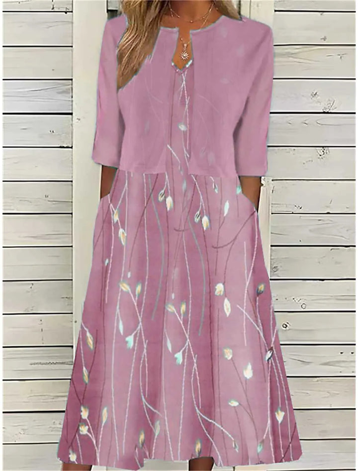 Chic women's two-piece: printed midi dress with 3/4 sleeve cover-up, available in blue/pink. Ideal for occasions.