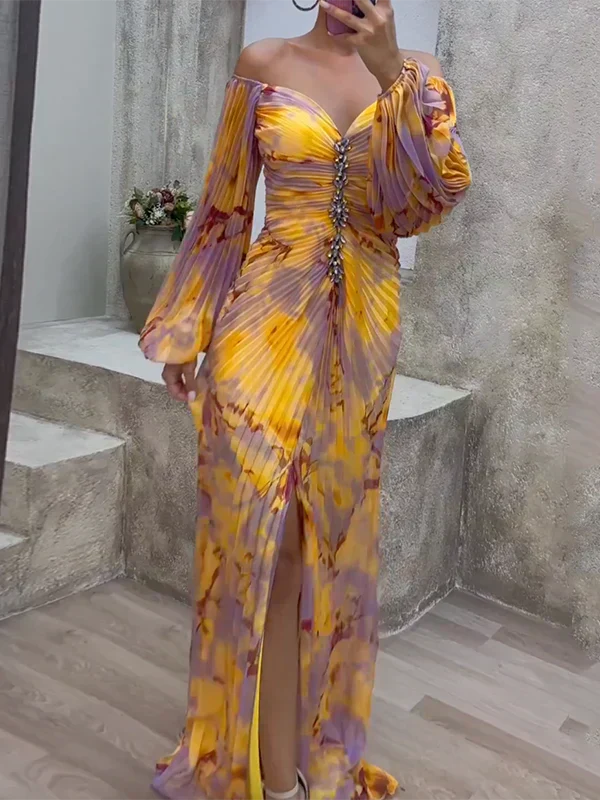 Floral print off-shoulder maxi gown with a ruched bodice, an elegant formal dress for special occasions.