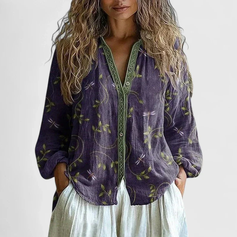 Elegant women's purple long sleeve blouse with a relaxed fit, perfect for casual chic or workwear, offering versatile style.