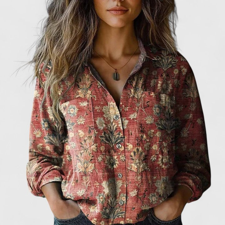 Elegant women's red floral lapel blouse with long sleeves. Chic & versatile sophisticated top.