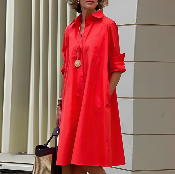 Elegant women's relaxed fit button-front mini shirt dress for versatile smart casual and day-to-night style.