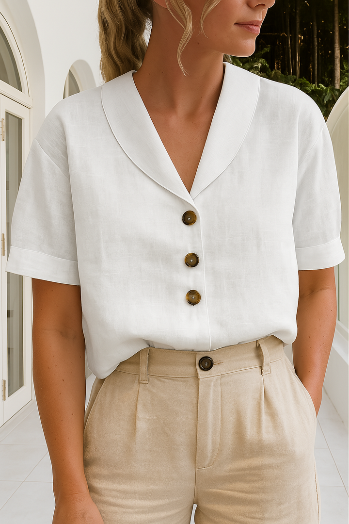 Elegant Women's Rosalie short sleeve blouse with a chic wrap neckline, perfect for office or casual summer style.