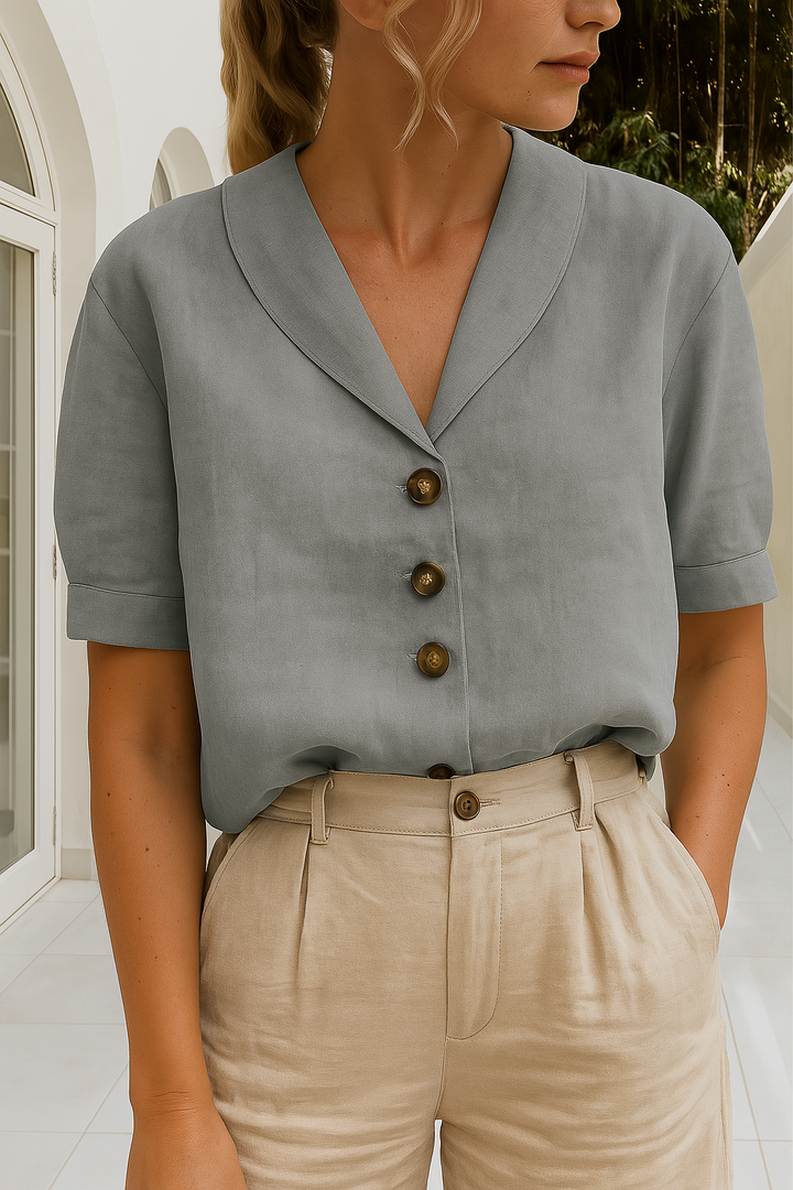 Classic women's Rosalie short sleeve blouse with elegant wrap neck, great for office wear or casual ladies' everyday style.