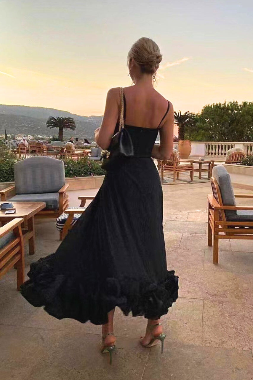 Women's elegant homecoming maxi dress with ruffle hem. Sophisticated wedding guest & party dress.