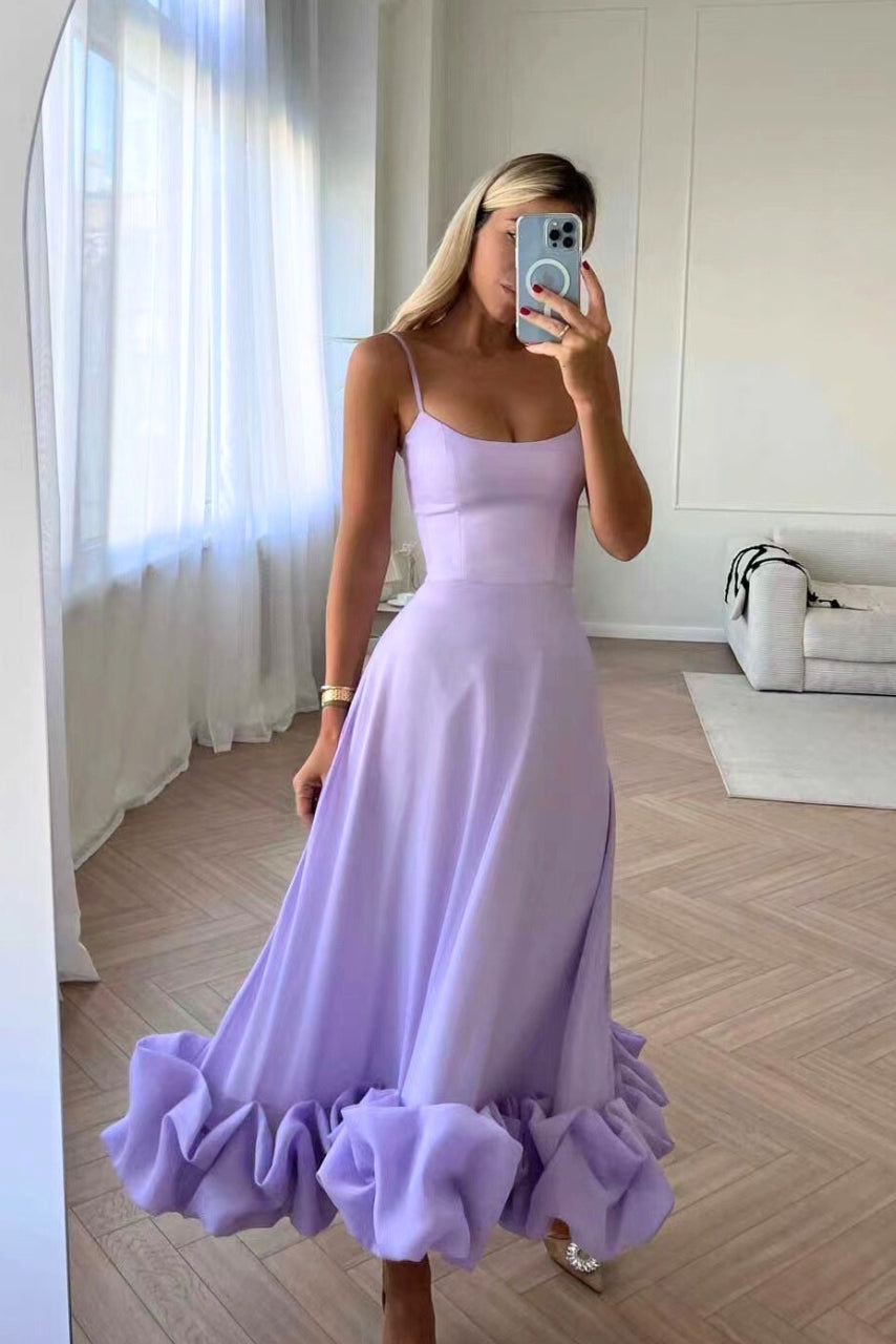 Women's formal ruffle hem maxi dress, an elegant wedding guest or homecoming gown for special occasions.