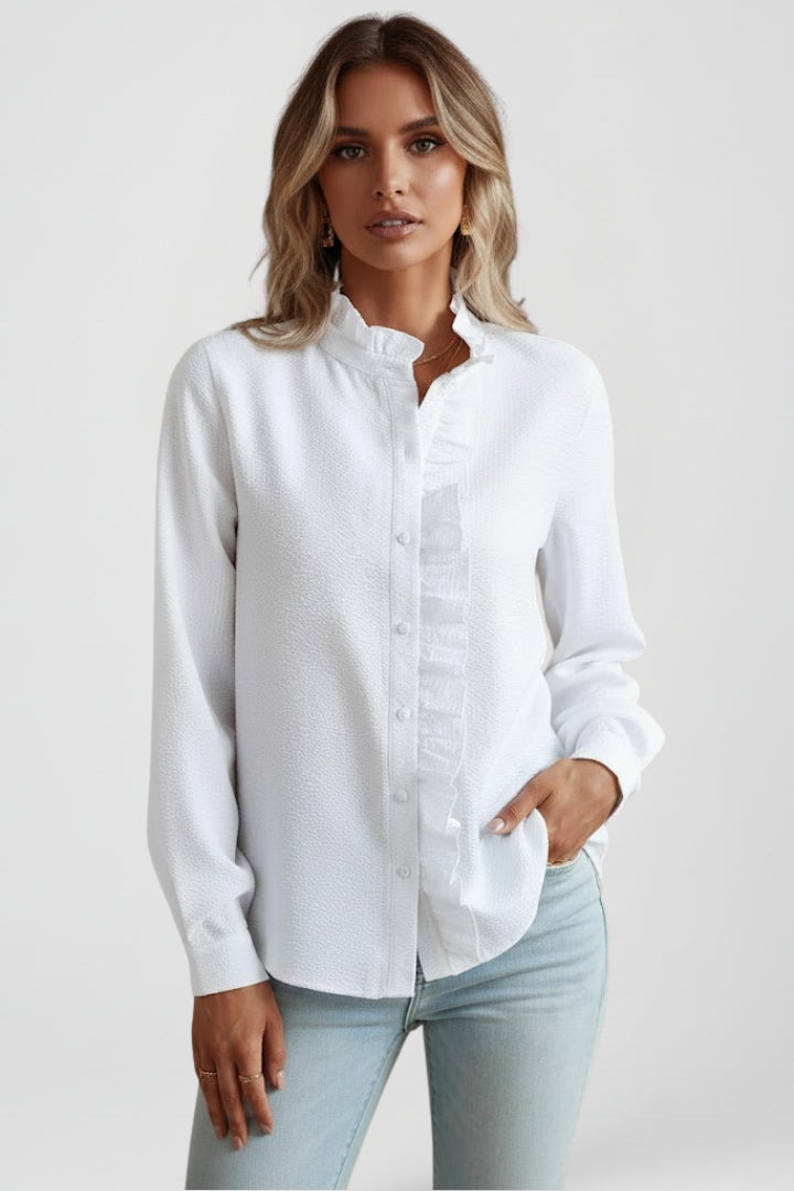 White women's ruffle long sleeve blouse, a versatile button-up top for elegant work or casual fashion.