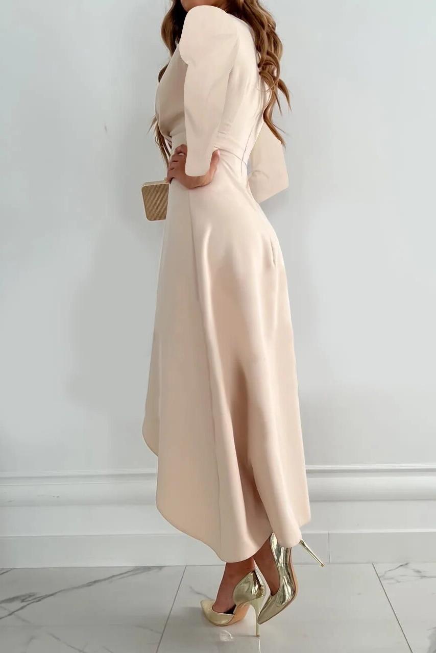 Sophisticated women's midi dress with a flattering wrap design and delicate ruffles, ideal for special occasions.