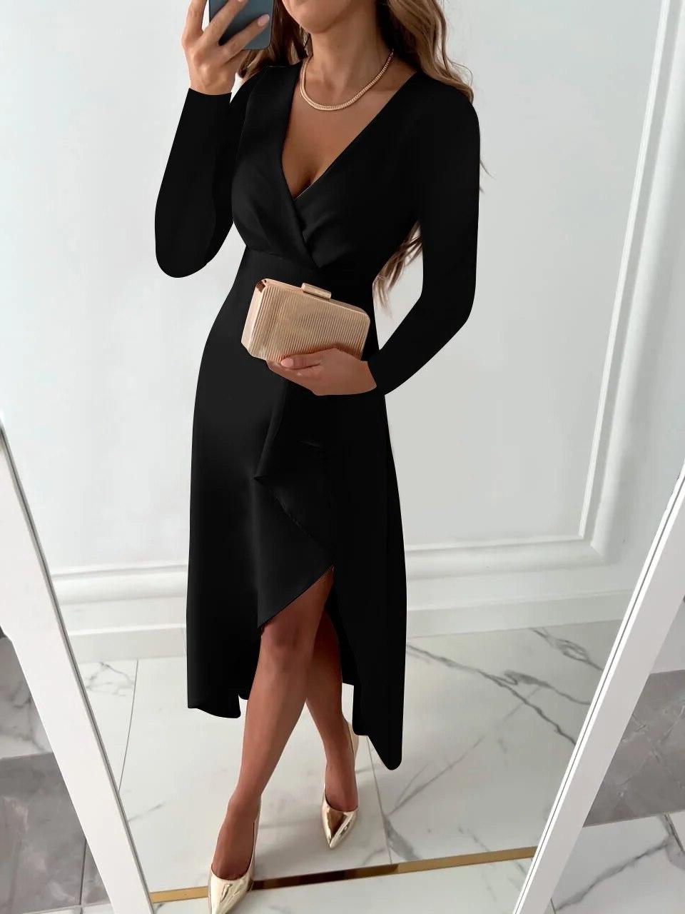 Formal women's wrap midi dress featuring elegant ruffles, a chic choice for wedding guests & cocktail parties.