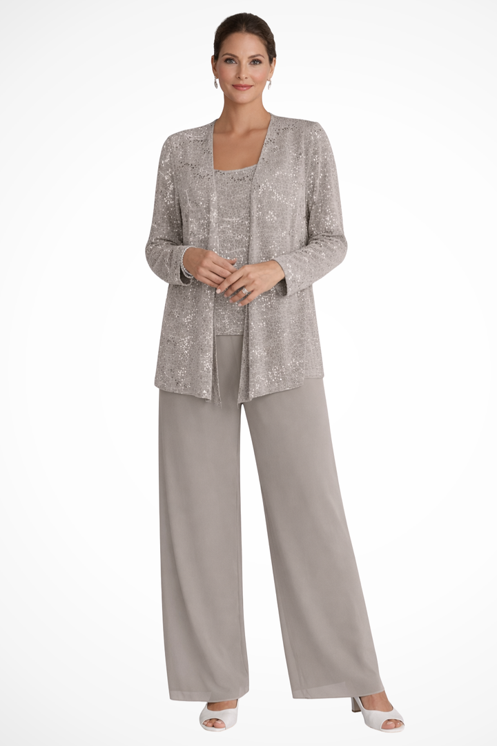 Dazzling women's sequin three-piece party outfit with wide-leg pants and an elegant cardigan for evening.