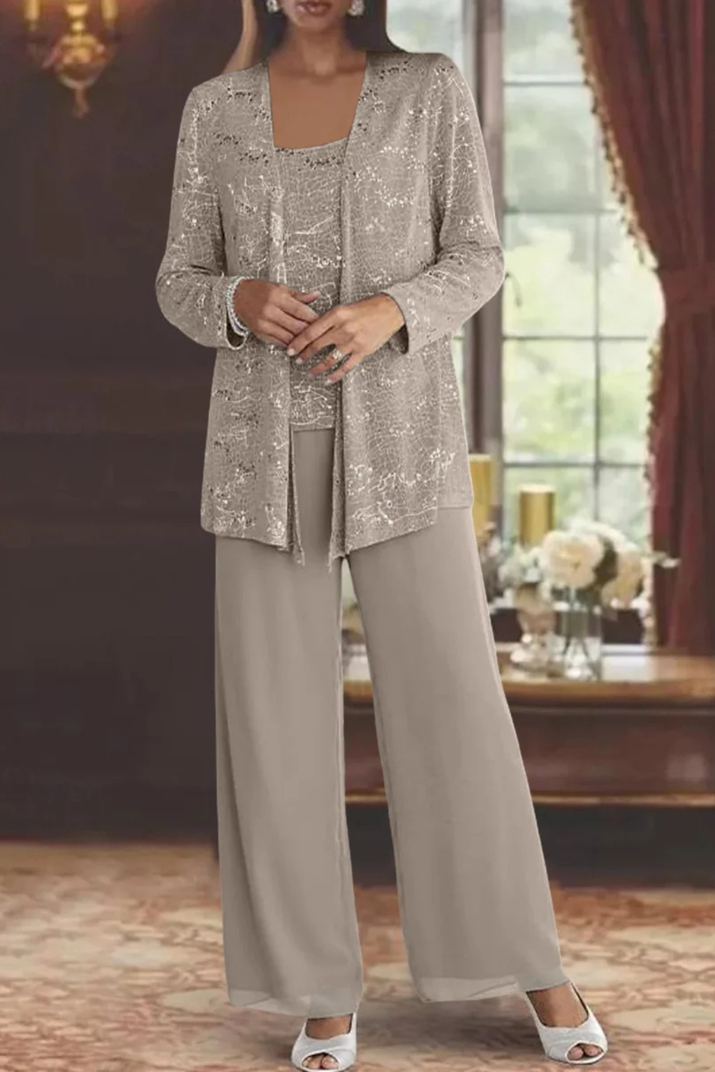 Glamorous women's sequin wide-leg 3-piece set. The ultimate elegant suit for any formal event.