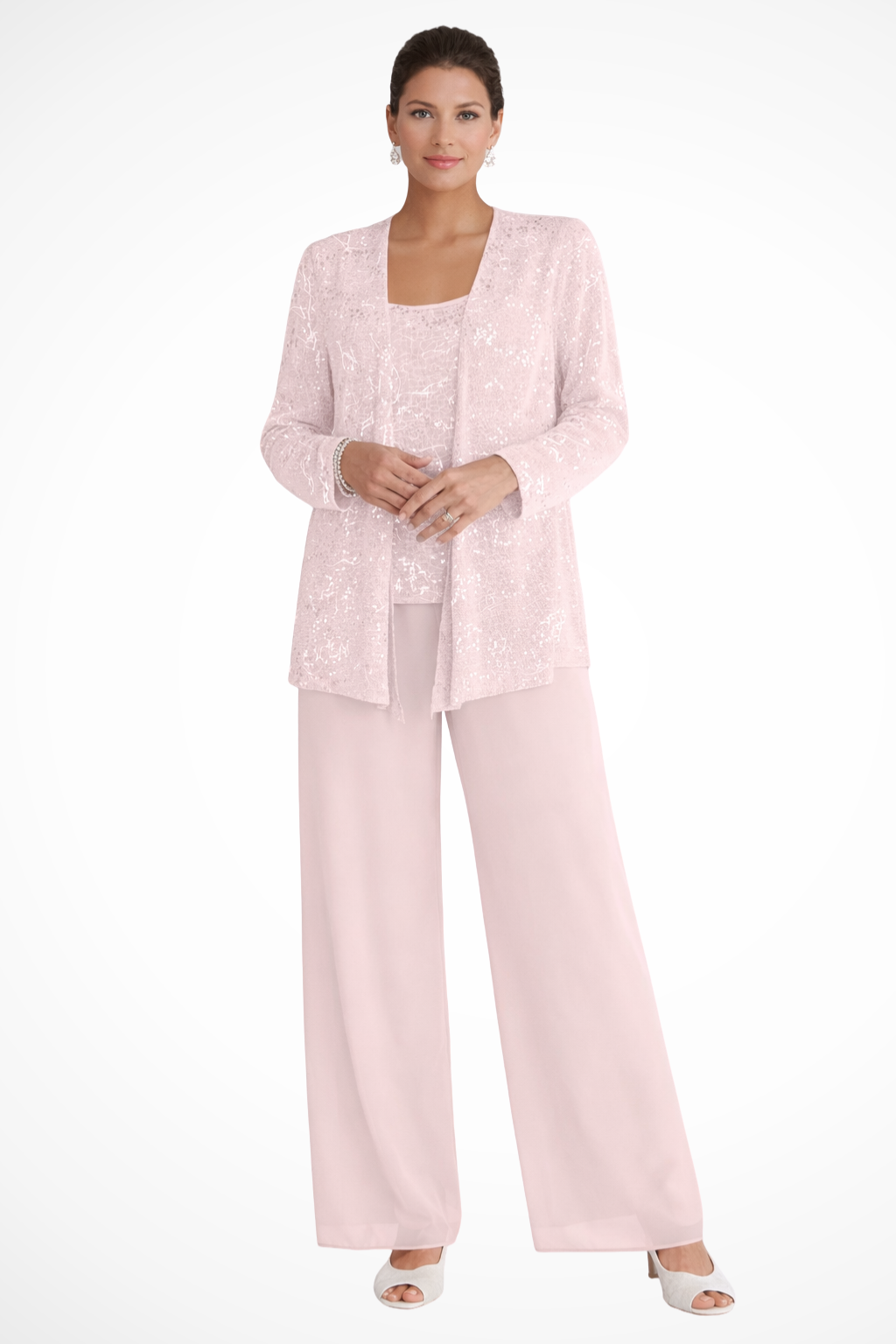Model wearing an elegant women's sequin wide-leg 3-piece formal suit for evening events.