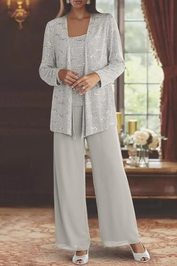 Shimmering women's 3-piece sequin suit with wide-leg pants. Ideal for galas & formal events.