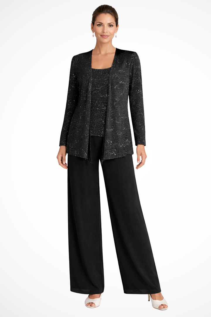 Women's formal 3-piece sequin suit featuring wide-leg trousers. Perfect mother of bride attire.