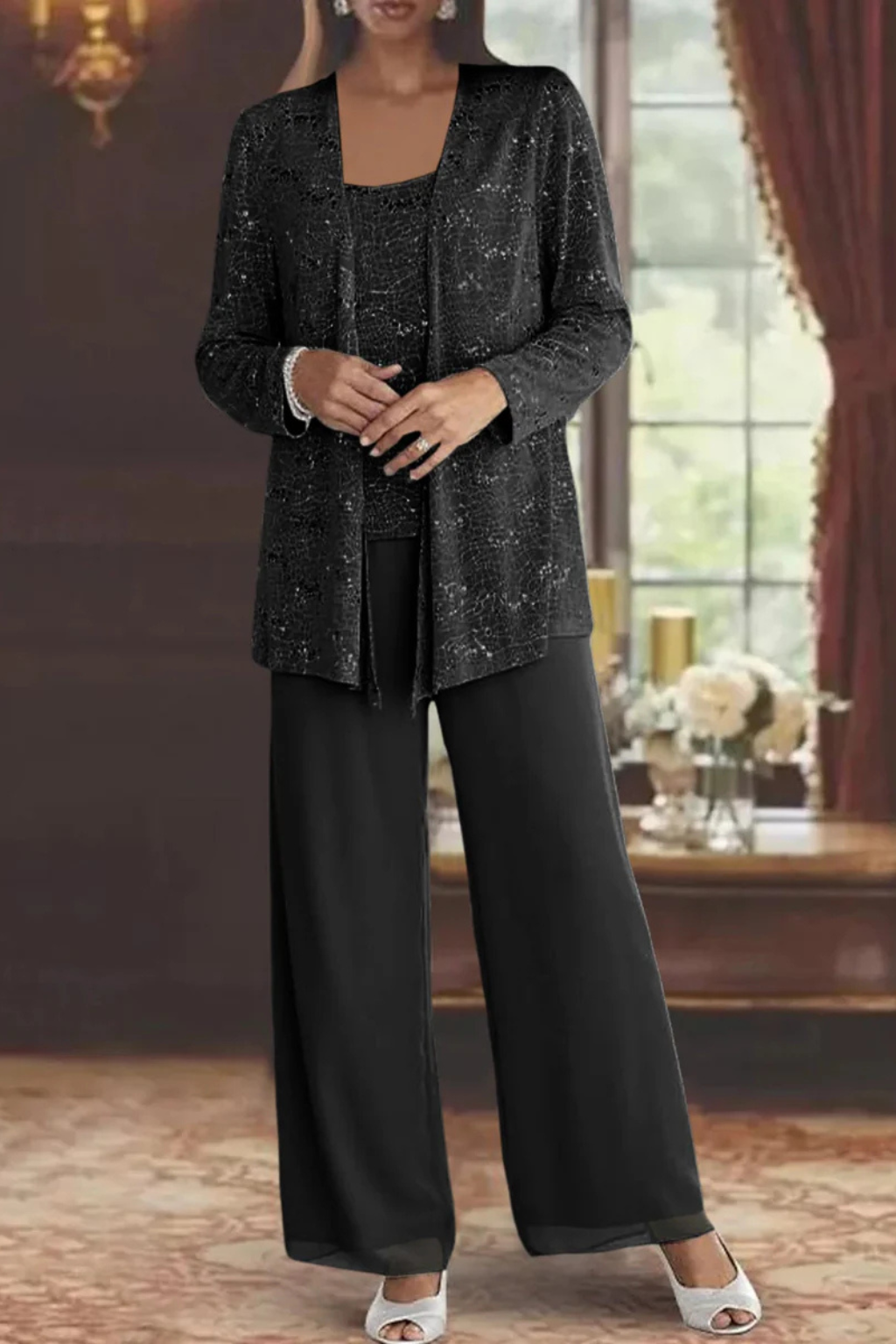 Sophisticated women's sequin 3-piece suit, a stunning wide-leg outfit for cocktail & gala events.