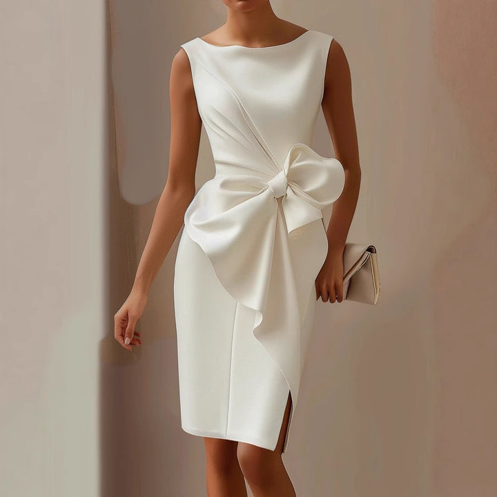 Elegant women's sleeveless midi dress for special occasions, featuring designer style and a unique bow detail.