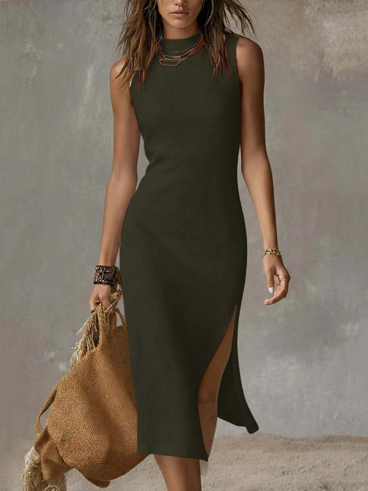 Sophisticated women's sleeveless midi dress with a sleek split hem. Perfect for elegant, modern casual wear.