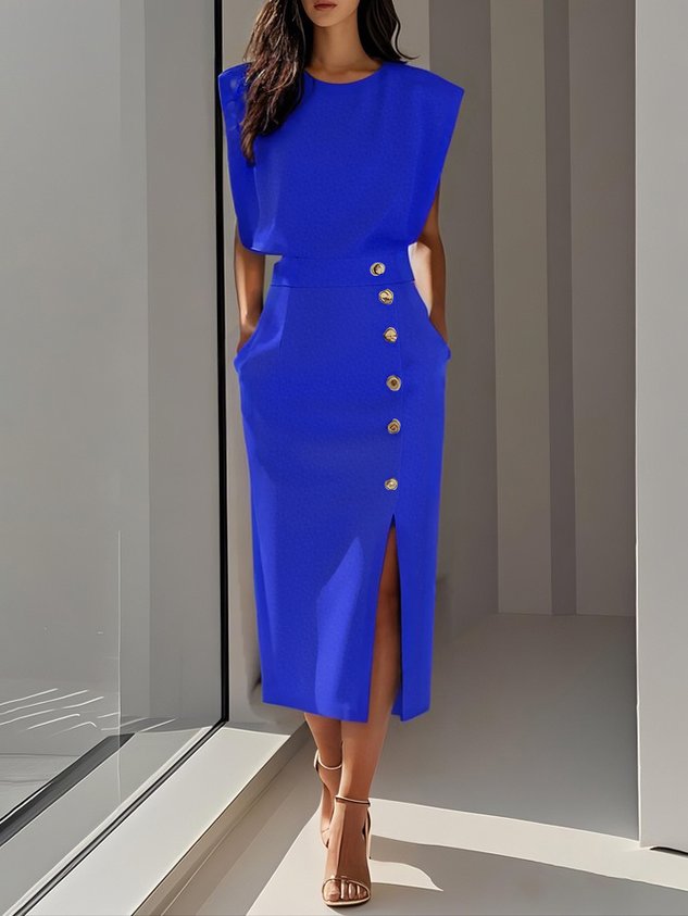 Tailored women's sleeveless cocktail midi dress, featuring a sophisticated slit & shiny gold buttons.