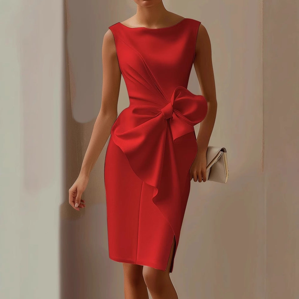 Fashionable women's sleeveless mini dress. Fitted design with a chic waist tie for an elegant party look.