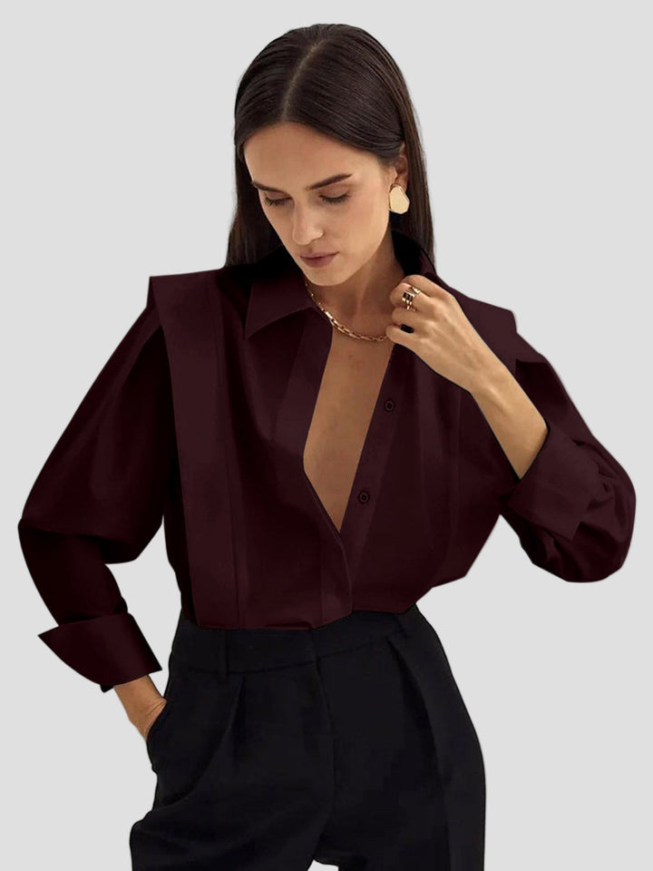 Classic women's square neck button down shirt. Chic long sleeve blouse, versatile for elegant office or casual style.