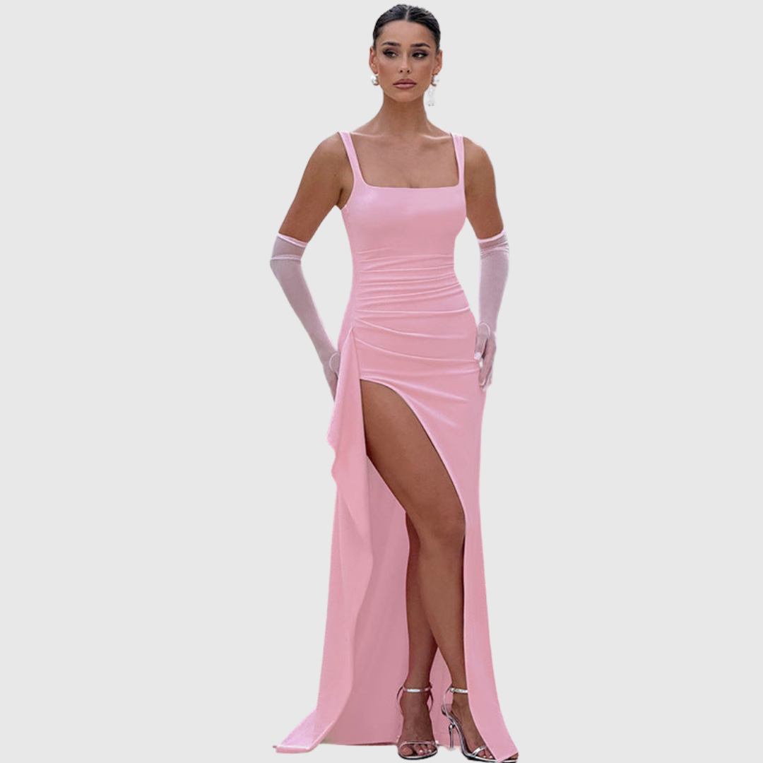 Women's stylish square neck bodycon dress for formal events. Includes a sophisticated thigh slit.