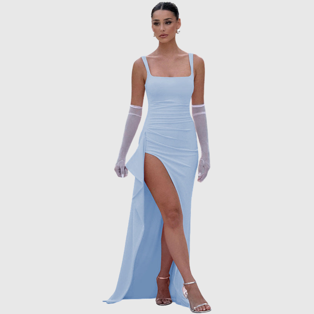 Chic square neck homecoming dress with a sexy thigh slit. Perfect women's formal party attire.