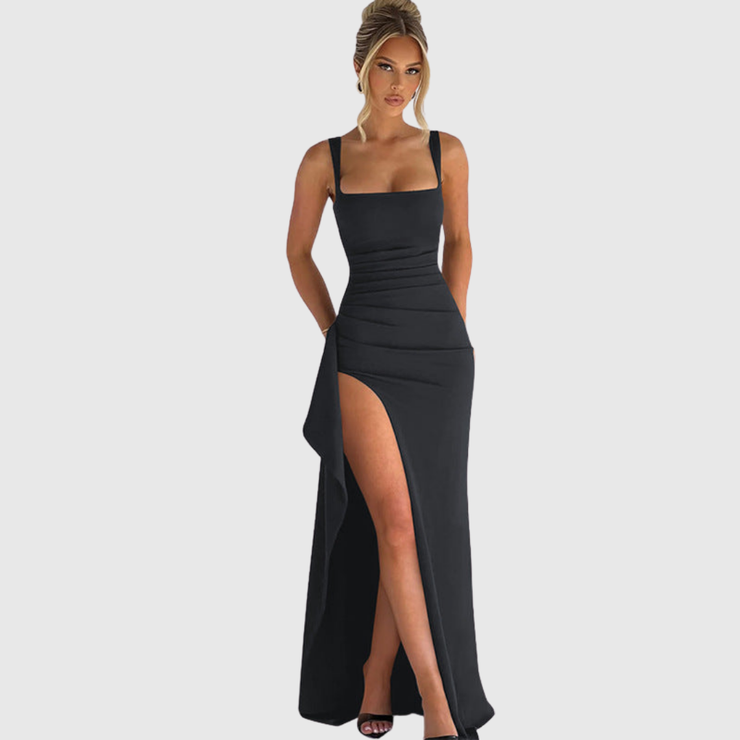 Sleek square neck homecoming dress. Women's formal evening gown with a flattering thigh slit design.