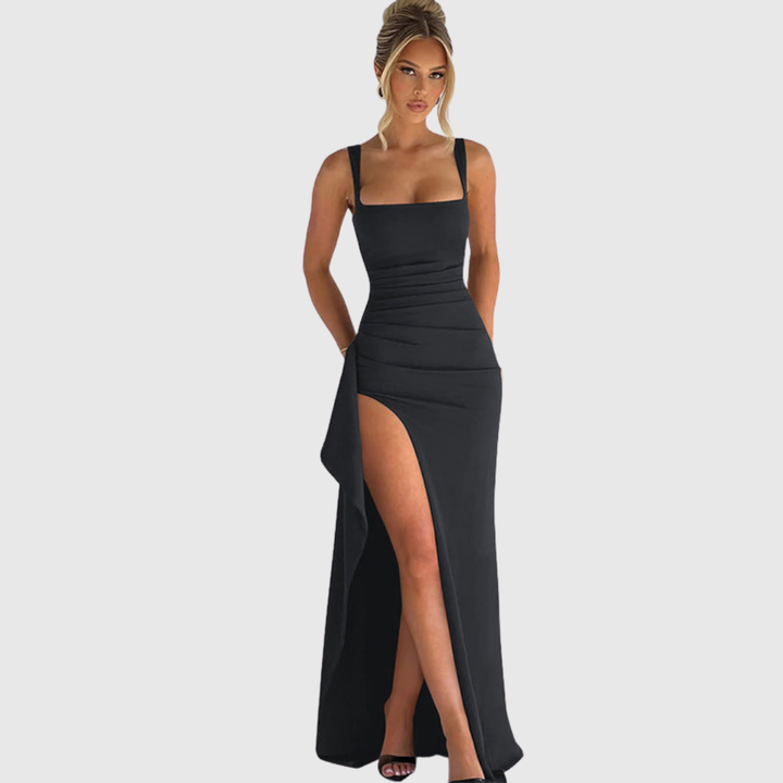 Sleek square neck homecoming dress. Women's formal evening gown with a flattering thigh slit design.