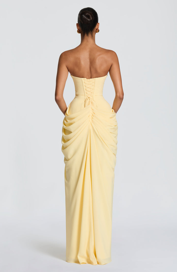 Fashionable women's strapless maxi dress with a flattering corset bodice. Perfect elegant party & formal wear.