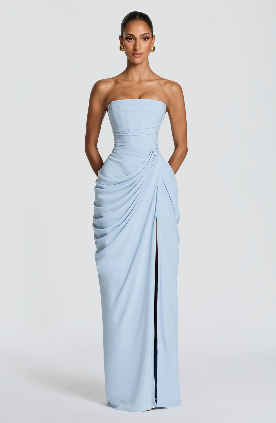 Sophisticated women's strapless corset bodice maxi dress, an elegant choice for special occasions & formal parties.