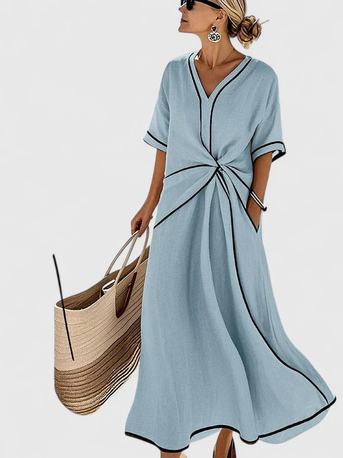 Elegant women's summer midi dress with twist-front V-neck, A-line cut & short sleeves, perfect for casual parties or holidays.