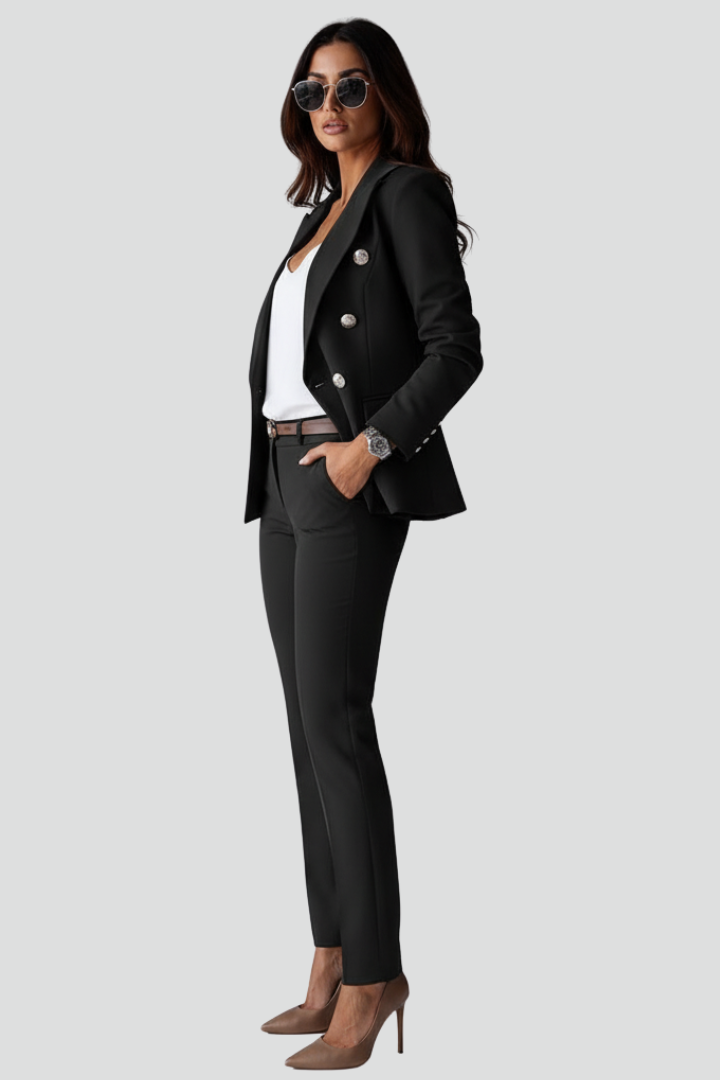 Chic women's two-piece suit set with straight trousers, ideal for professional office attire.