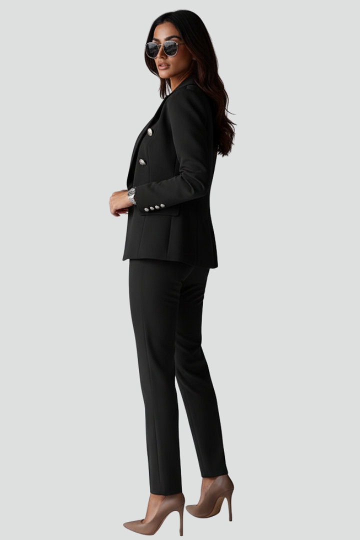 Womens elegant blazer & straight trousers suit set, styled for professional business attire.