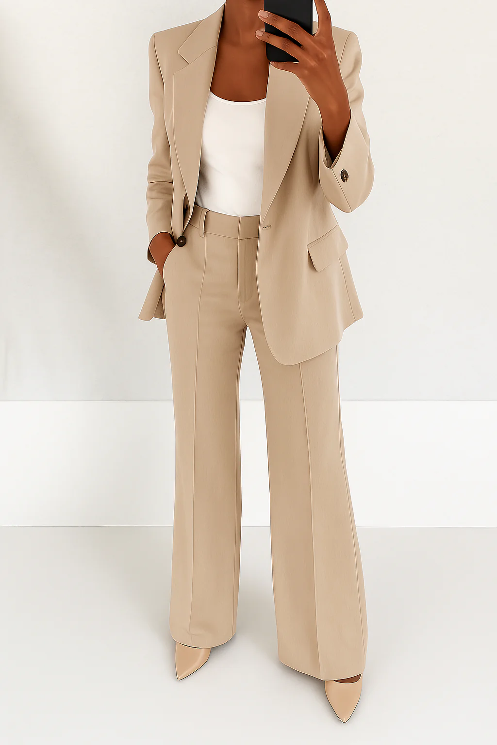 Chic women's blazer & matching wide-leg pants, a two-piece suit set for an elegant and professional look.