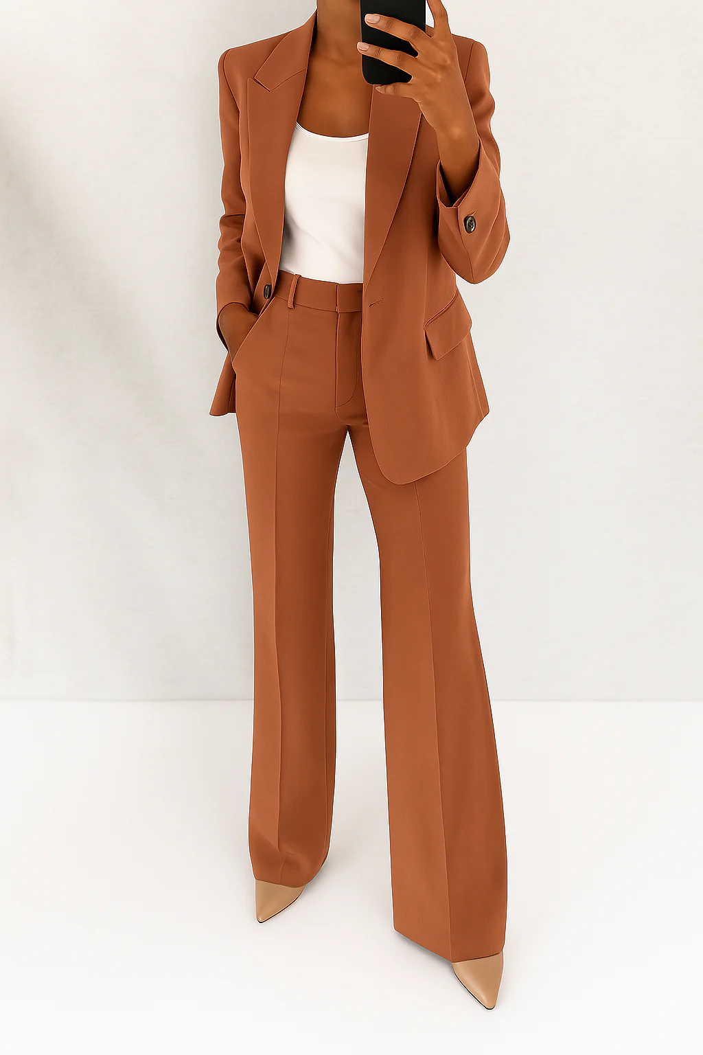 Modern women's elegant suit: a sophisticated blazer paired with comfortable wide-leg pants, perfect for work.