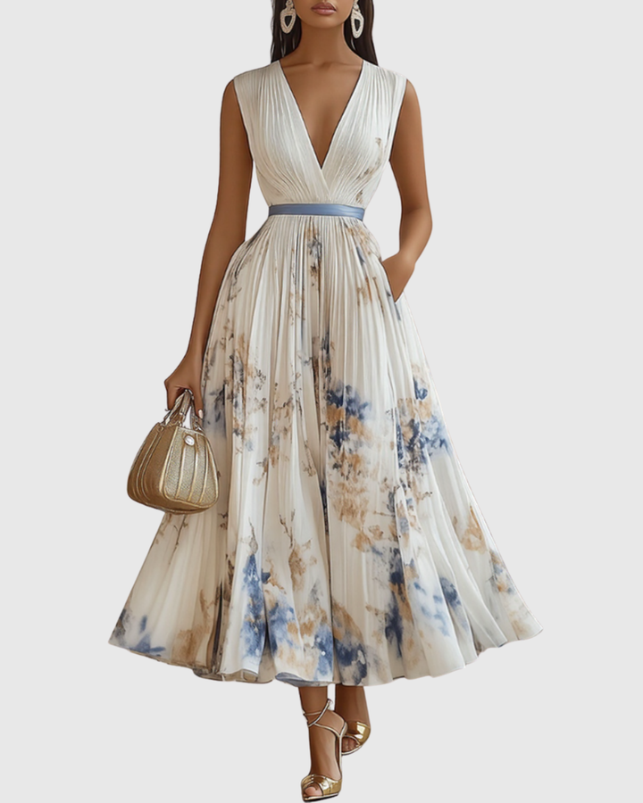 Elegant women's V-neck A-line midi dress, perfect for formal events, parties & summer.