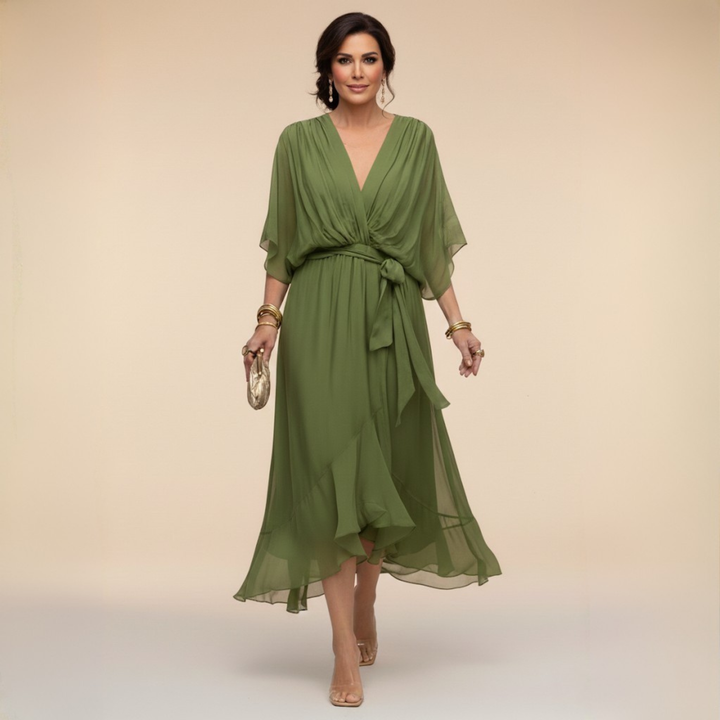 Elegant women's V-neck batwing sleeve midi dress, perfect for parties & special occasions.