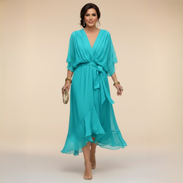 Stylish V-neck batwing sleeve midi dress for women, perfect for formal events & celebrations.