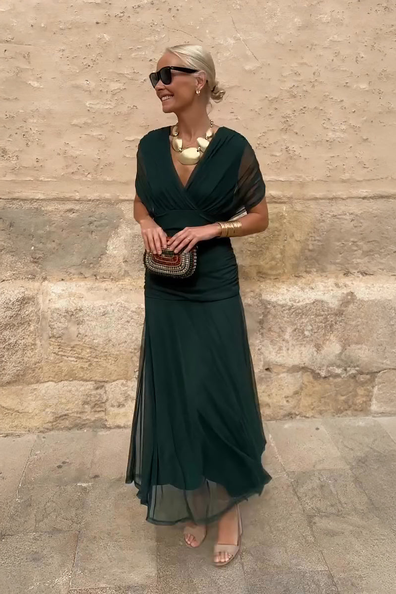 Elegant women's V-neck maxi dress with flutter sleeves. Perfect for evening, party, or formal wear.