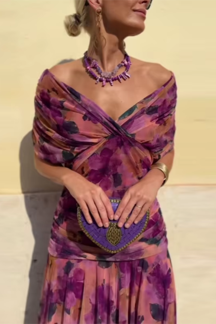 Graceful women's V-neck maxi dress with flutter sleeves. Perfect elegant evening or party dress.