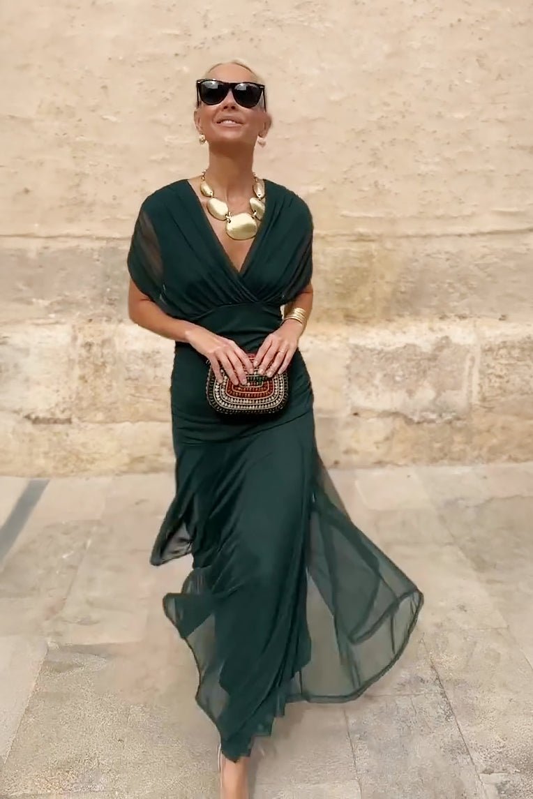 Flattering women's maxi dress, V-neck & elegant flutter sleeves. Ideal for summer parties & spring fashion.
