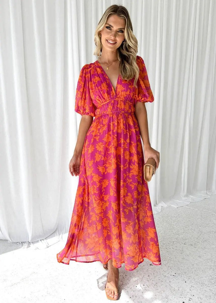 Stylish women's V-neck puff sleeve midi dress. A comfortable & elegant mid-length dress for spring/summer.