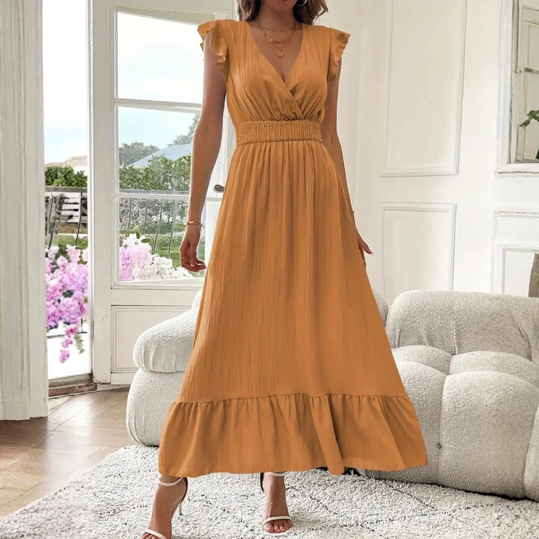 Casual yet chic V-neck women's maxi dress, featuring ruffle details for a comfortable summer look.