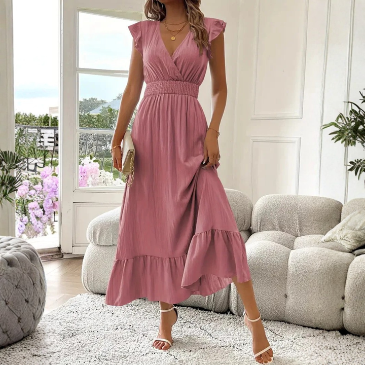 Comfortable women's V-neck ruffle trim maxi dress, great for spring fashion and warm weather.