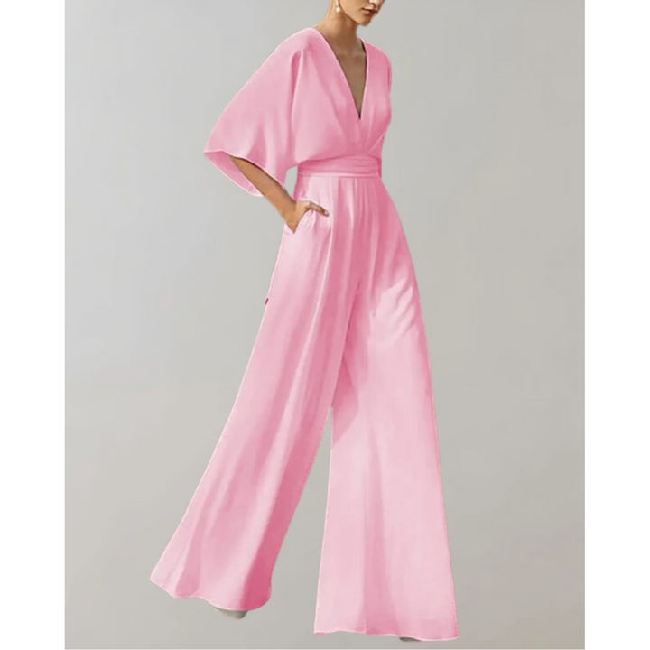 Elegant women's V-neck wide-leg jumpsuit, a simple yet sophisticated formal occasion wear.