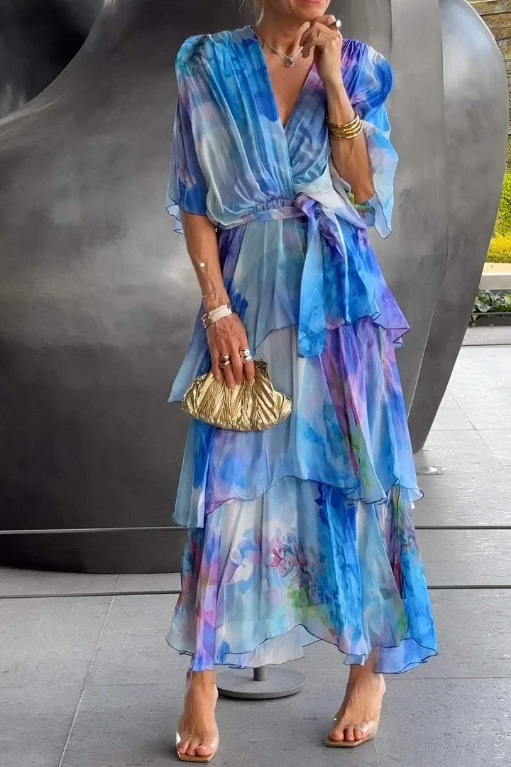 Flowy maxi wrap dress for women, featuring an elegant watercolor print, ideal for sophisticated special events.