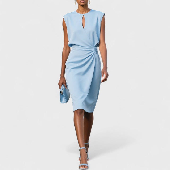 Elegant women's wedding guest midi dress with chic keyhole neckline and flattering ruched waist.